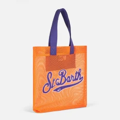 Borsa shopper in rete arancione con ricamo frontale in spugna