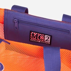 Borsa shopper in rete arancione con ricamo frontale in spugna