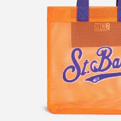Borsa shopper in rete arancione con ricamo frontale in spugna