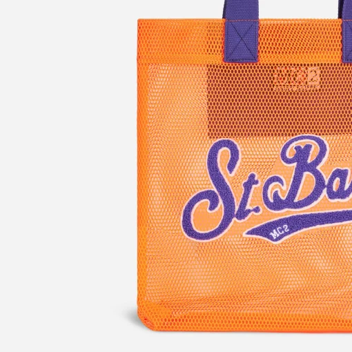 Borsa shopper in rete arancione con ricamo frontale in spugna