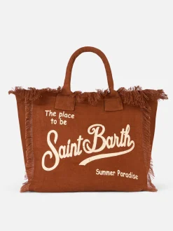 Borsa tote in lino Vanity marrone con logo Saint Barth