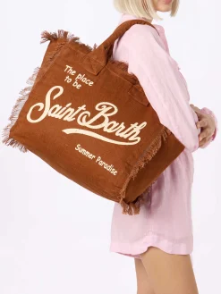Borsa tote in lino Vanity marrone con logo Saint Barth