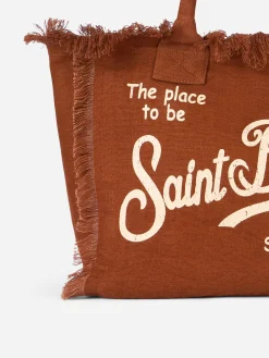 Borsa tote in lino Vanity marrone con logo Saint Barth
