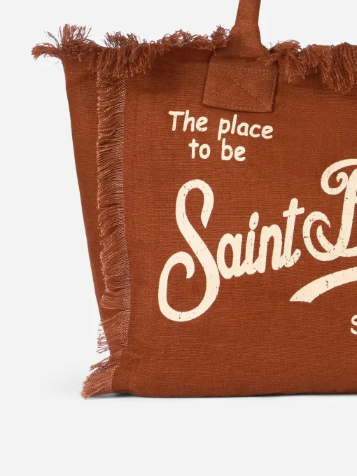 Borsa tote in lino Vanity marrone con logo Saint Barth