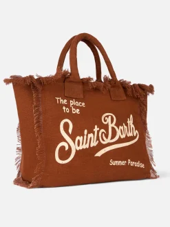 Borsa tote in lino Vanity marrone con logo Saint Barth