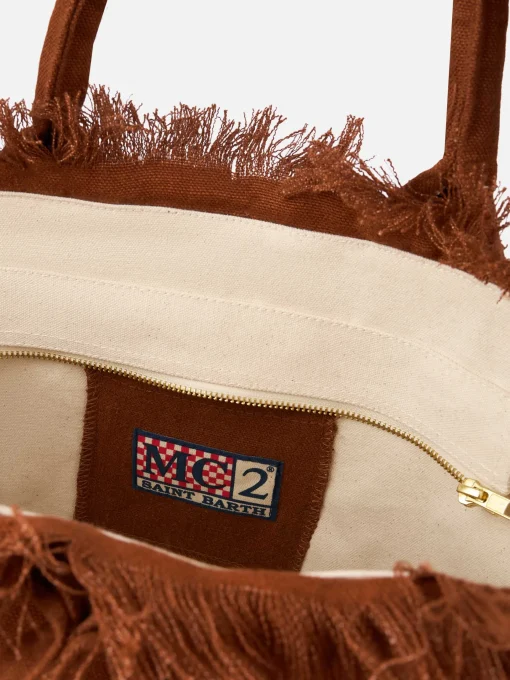 Borsa tote in lino Vanity marrone con logo Saint Barth
