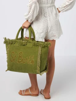 Borsa tote Vanity in tela di cotone verde militare con toppa con logo