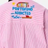 Camicia da donna Brigitte in cotone seeruscker a righe con ricamo Portofino davanti e dietro