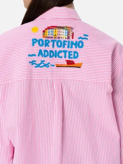 Camicia da donna Brigitte in cotone seeruscker a righe con ricamo Portofino davanti e dietro