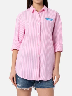 Camicia da donna Brigitte in cotone seeruscker a righe con ricamo Portofino davanti e dietro