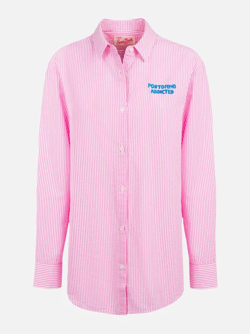 Camicia da donna Brigitte in cotone seeruscker a righe con ricamo Portofino davanti e dietro