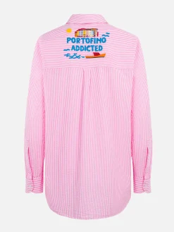 Camicia da donna Brigitte in cotone seeruscker a righe con ricamo Portofino davanti e dietro