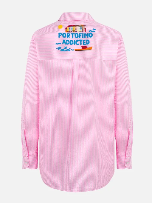 Camicia da donna Brigitte in cotone seeruscker a righe con ricamo Portofino davanti e dietro
