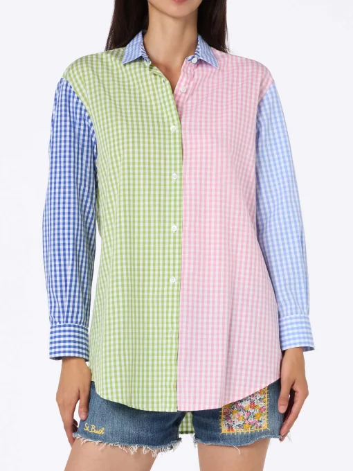 Camicia da donna in cotone Brigitte con stampa vichy multicolor e ricamo Saint Barth