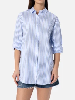 Camicia da donna in cotone Brigitte con stampa a righe azzurre