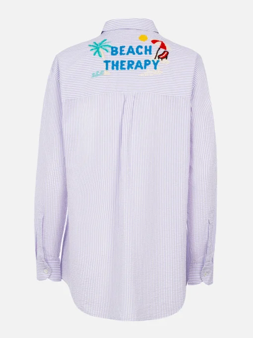Camicia da donna in cotone con stampa a righe Brigitte con ricamo Beach Therapy davanti e dietro