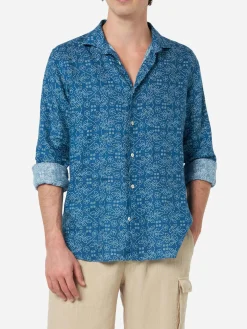 Camicia da uomo in lino blu navy Pamplona con stampa Sashiko