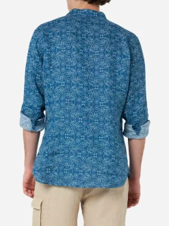 Camicia da uomo in lino blu navy Pamplona con stampa Sashiko