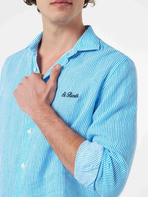Camicia da uomo in lino rigato turchese Pamplona