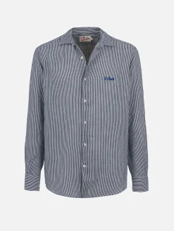 Camicia da uomo in lino rigato blu navy Pamplona
