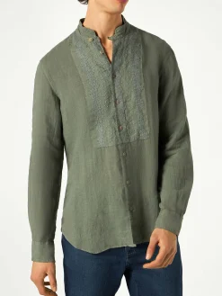Camicia da uomo in lino verde militare