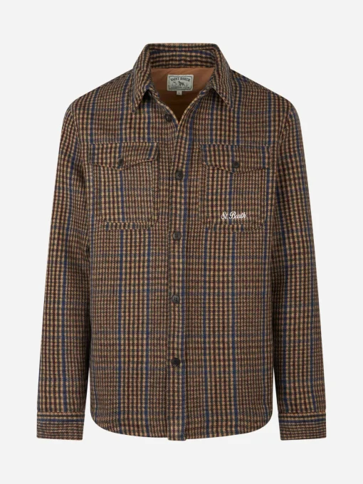 Camicia da uomo in Principe di Galles di lana con tasche e toppe