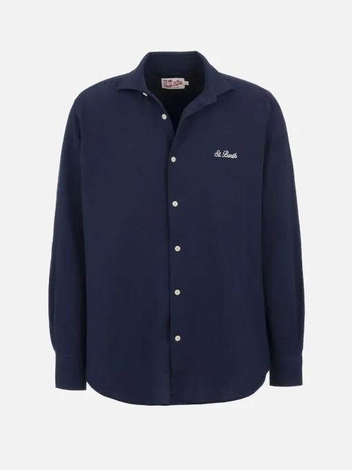 Camicia da uomo in seersucker blu in cotone Pamplona
