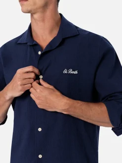 Camicia da uomo in seersucker blu in cotone Pamplona