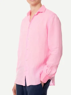 Camicia da uomo Pamplona in lino rosa fluo color acqua