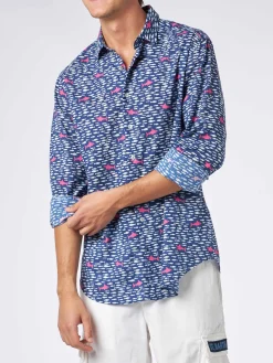 Camicia da uomo Sikelia in mussola di cotone con stampa di pesci e squali