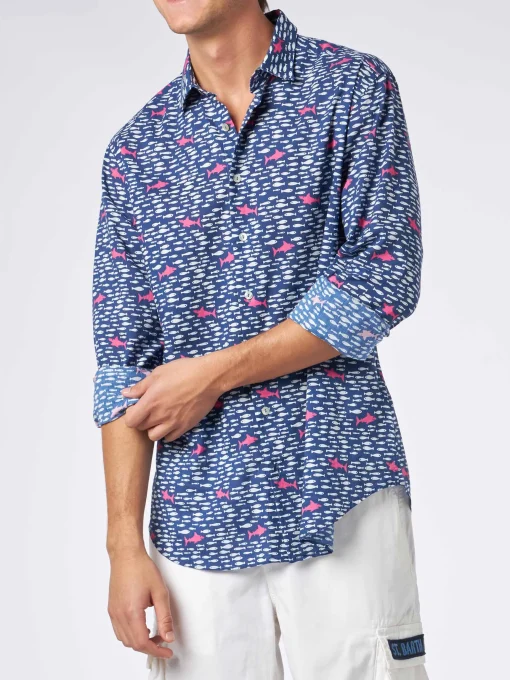 Camicia da uomo Sikelia in mussola di cotone con stampa di pesci e squali
