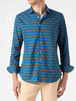 Camicia da uomo Sikelia in mussola di cotone con stampa gatto selvatico