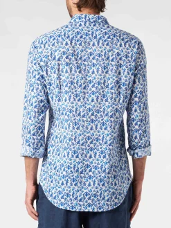 Camicia da uomo Sikelia in mussola di cotone con stampa foglie blu