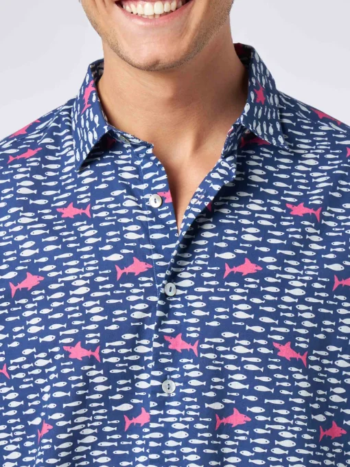 Camicia da uomo Sikelia in mussola di cotone con stampa di pesci e squali