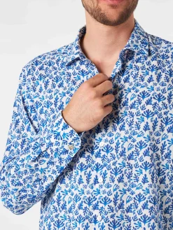 Camicia da uomo Sikelia in mussola di cotone con stampa foglie blu
