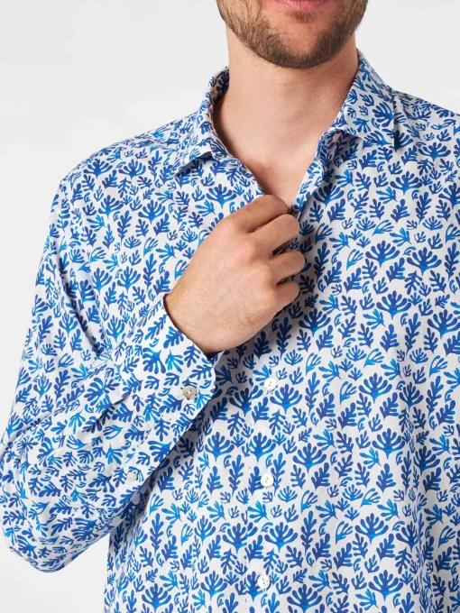 Camicia da uomo Sikelia in mussola di cotone con stampa foglie blu