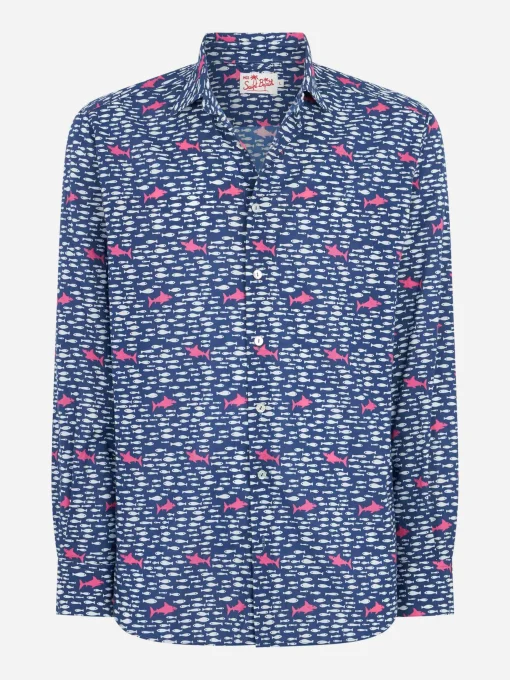 Camicia da uomo Sikelia in mussola di cotone con stampa di pesci e squali