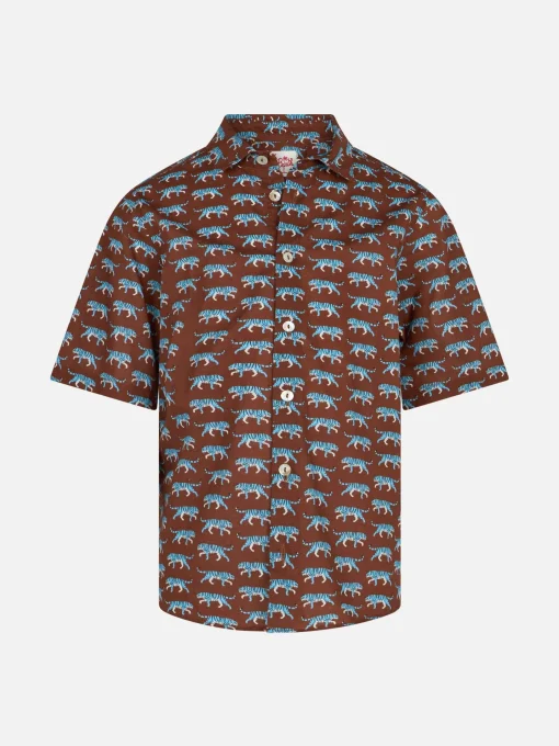 Camicia in mussola di cotone marrone da bambino Sharouk con stampa tigre