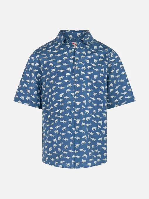 Camicia in mussola di cotone Blue Boy Sharouk con stampa squalo