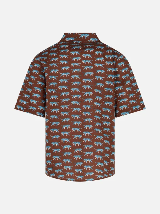 Camicia in mussola di cotone marrone da bambino Sharouk con stampa tigre