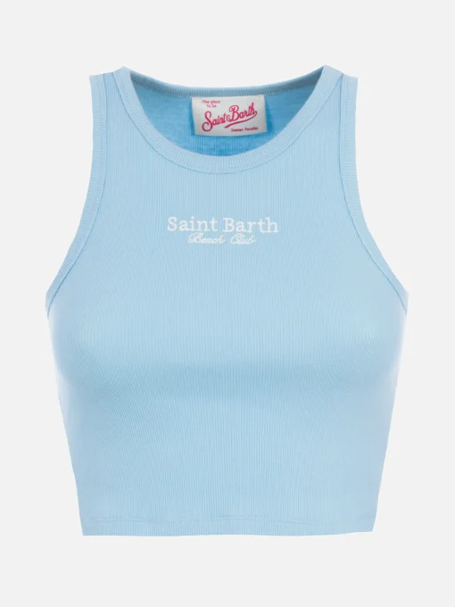 Canotta corta da donna in cotone a coste con ricamo Saint Barth Beach Club