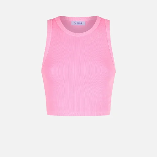 Canotta crop in cotone con ricamo St. Barth