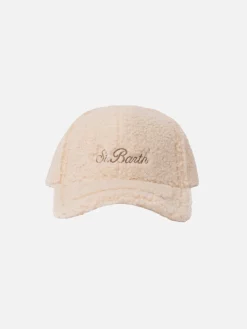 Cappellino da baseball in peluche beige con logo ricamato