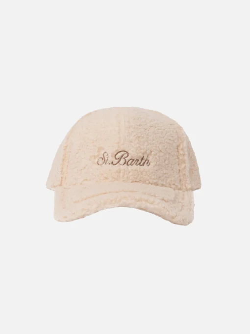 Cappellino da baseball in peluche beige con logo ricamato