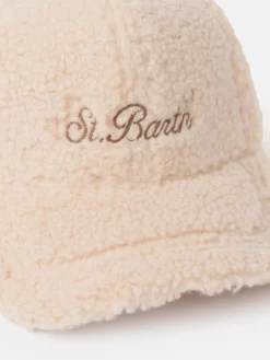 Cappellino da baseball in peluche beige con logo ricamato