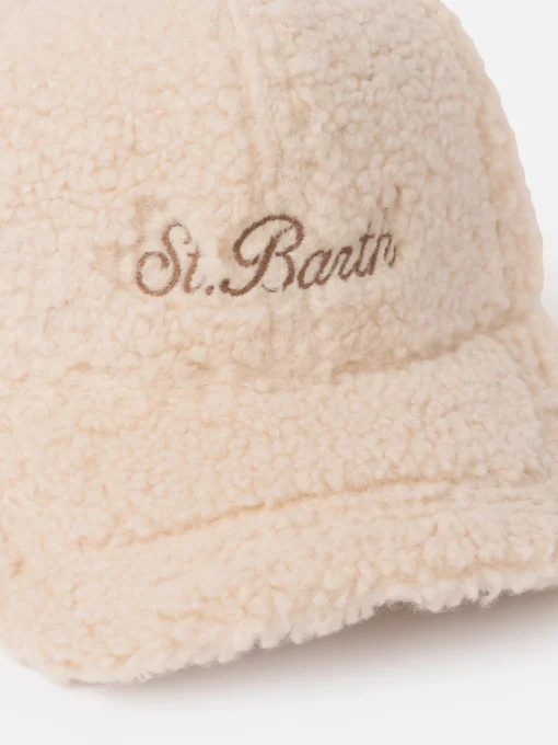 Cappellino da baseball in peluche beige con logo ricamato