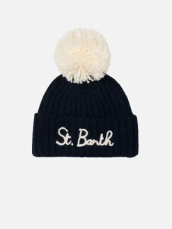 Cappello blu da bambino Wengen con pompon e ricamo St. Barth