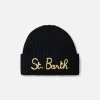 Cappello da donna a coste nero Wengen con ricamo St. Barth