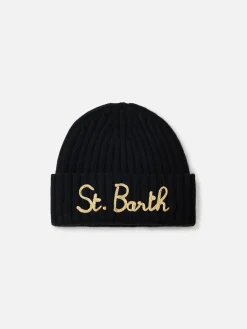 Cappello da donna a coste nero Wengen con ricamo St. Barth