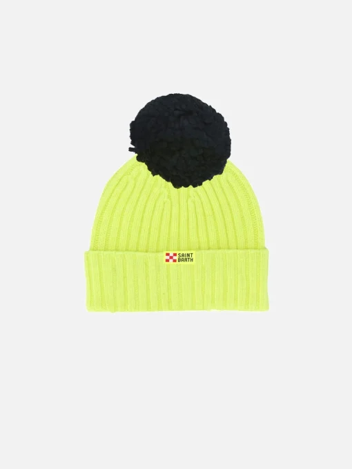 Cappello in Cashmere misto da bambino giallo fluo ricamo Off Piste
